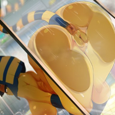 animal crossing, ankha (animal crossing), ashraely, against glass, anus, arched back, ass, ass focus, ass on glass, bent over, blonde hair, blue hair, bob cut, breasts, cat girl