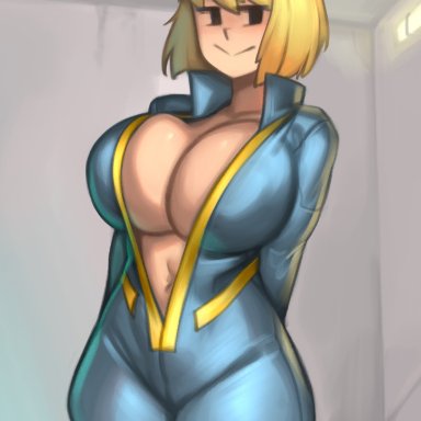 bethesda softworks, fallout, fallout (series), vault dweller, vault girl, vault meat, kelvin hiu, 1girls, areola, belly button, big breasts, bimbo, blonde hair, blonde hair female, breasts