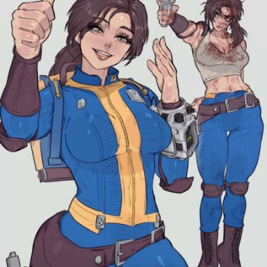 fallout, fallout (series), lucy maclean, yoracrab, 1girls, before and after, blood stain, boots, brown eyes, brown hair, busty, cleavage, curvy, gun, holster