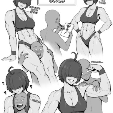original character, speedl00ver, 1boy, 1girls, abs, bare arms, bare legs, bare shoulders, bare thighs, big breasts, black hair, blush, choke hold, female, fit female