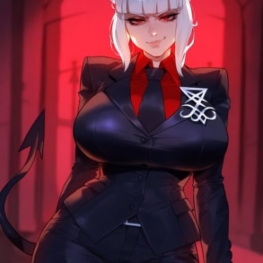helltaker, lucifer (helltaker), floox, big breasts, clothed, clothing, female, female only, gloves, horns, light skin, light-skinned female, looking at viewer, red eyes, solo female