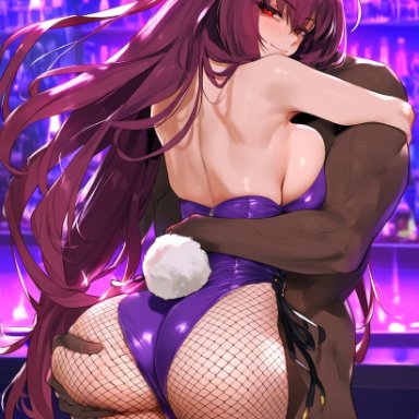 fate (series), scathach (fate), geo-san, 1boy, 1girls, ass, ass focus, back, back view, bare arms, bare shoulders, big ass, big breasts, big butt, blush