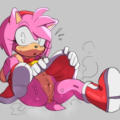 sega, sonic (series), sonic the hedgehog (series), amy rose, goldsden, spazkid, 1girls, anus, boots, caught, full body, lifted by self, no panties, pink fur, red dress