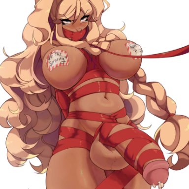 christmas, original, original character, dvcttape, angry, angry expression, angry eyes, angry face, balls, blonde female, blonde hair, blonde hair female, bondage, bound, bound arms