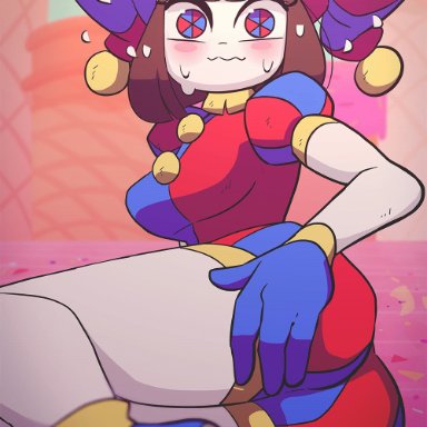 glitch productions, the amazing digital circus, diives, ass, jester, jester girl, looking at viewer, nervous smile, on side, open mouth, spread ass, sweatdrop, animated, english text, text
