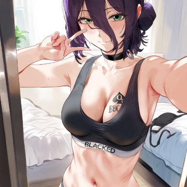 blacked, chainsaw man, reze (chainsaw man), himeno, 1girls, bedroom, blacked clothing, green eyes, peace sign, selfie, smile, spade, spade tattoo, standing, ai generated