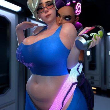 overwatch, mercy, sombra, justb3d, 2girls, belly, big breasts, biting lip, biting neck, blonde hair, blue eyes, blush, breasts, can, chubby