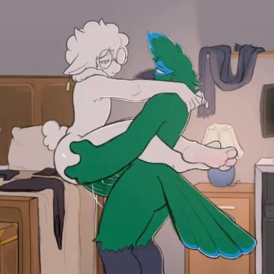 oc, original characters, k0moya, 2boys, 2males, anal sex, anthro, anthro on anthro, anthro only, arms around neck, arms around partner, avian, avian humanoid, carrying, carrying partner