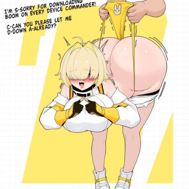 goddess of victory: nikke, shift up, elegg (nikke), monkechrome, 1girls, apologizing, ass, ass bigger than head, ass up, atomic wedgie, big ass, big breasts, blonde hair, blushing, breasts
