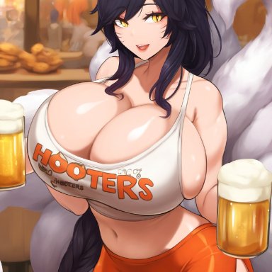 hooters, league of legends, riot games, ahri, vastaya, 1girls, alcohol, beer, big breasts, black hair, booty shorts, breasts, cleavage, curvy, curvy figure
