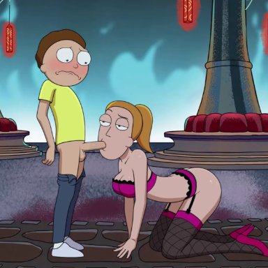 rick and morty, morty smith, summer smith, sfan, 1boy, 1boy1girl, 1girls, balls, blowjob, brother, brother and sister, brown hair, fellatio, female, human