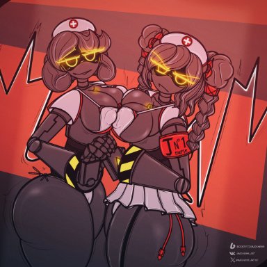 glitch productions, murder drones, j (murder drones), v (murder drones), madlness, big ass, big breasts, breasts, female only, holding hands, nurse uniform, robot girl, simple background, tail, yellow eyes