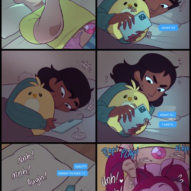 steven universe, connie maheswaran, spinel (steven universe), steven quartz universe, mahmapuu, 1boy, 2girls, angry, ass, bed, blush, cellphone, cheating (relationship), colored skin, couple texting in bed (meme)