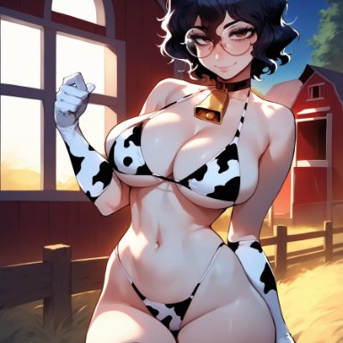 olie, xandr, 1girls, ass, big breasts, bikini, black hair, breasts, brown eyes, choker, cow bikini, cow girl, cow gloves, cow horns, cow print