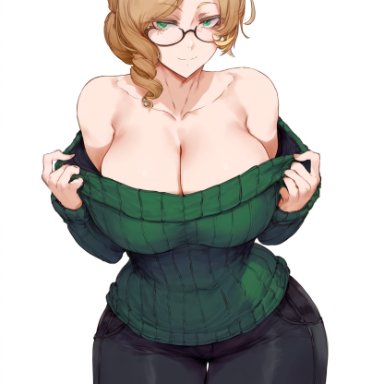 rwby, glynda goodwitch, csr fan 621, bare shoulders, black jeans, cleavage, glasses, jeans, large breasts, leaning forward, looking at viewer, ribbed sweater, sweater, voluptuous, voluptuous female