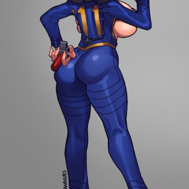 fallout, vault girl, waa153, 1girls, ass, blonde hair, breasts, female, female only, large breasts, looking at viewer, looking back, sideboob, solo