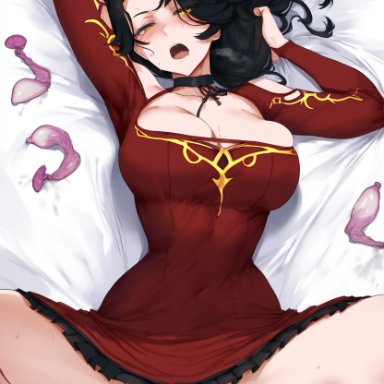 rwby, cinder fall, csr fan 621, clothed female nude male, condoms, female, female focus, fully clothed, large breasts, missionary, missionary position, missionary sex, on bed, pov, pov male