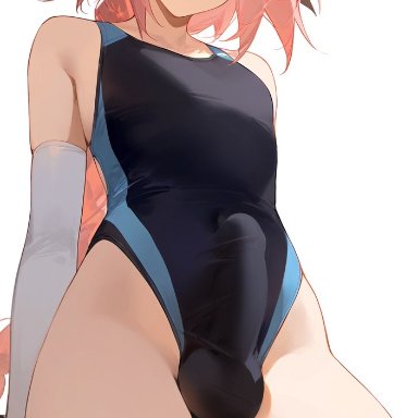 fate (series), fate/apocrypha, fate/grand order, astolfo (fate), lunarheron, adult, adult male, femboy, light-skinned male, looking at viewer, penis, pink hair, purple eyes, swimsuit, trap