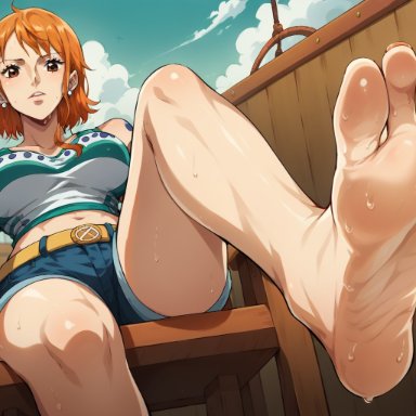 one piece, nami, anxiousdangero, feet, female, female only, foot fetish, foot focus, soles, ai generated