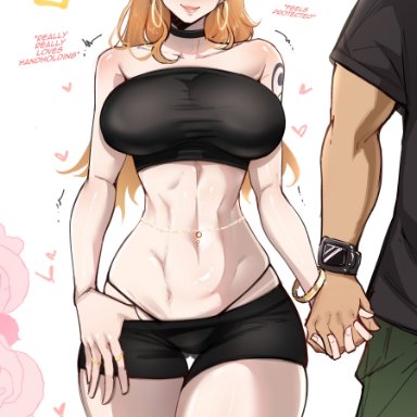 one piece, shounen jump, jewelry, nami, nami (one piece), almualim, 1boy, 1girls, bare arms, bare legs, bare shoulders, bare thighs, blush, breasts, breasts bigger than head