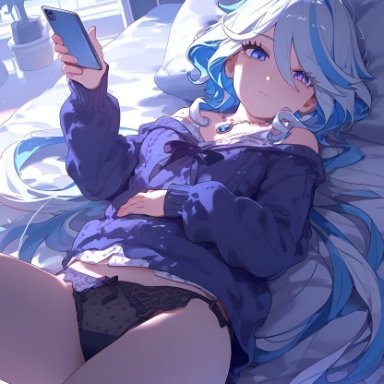 genshin impact, furina (genshin impact), 1girls, bare thighs, bedroom, blue eyes, breasts, female, holding object, looking at viewer, lying, necklace, on bed, panties, phone