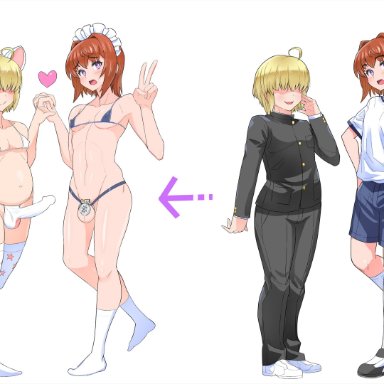 oc, sanumaro, 2boys, bangs, big penis, blonde hair, chastity cage, chubby, clothed, crossdressing, femboy, flat chastity cage, gay, ginger hair, girly