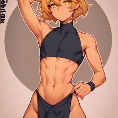 patreon, darabri-mix, 1boy, abs, armpits, arms up, bare shoulders, bulge, cute, expressionless, femboy, feminine male, flat chest, flat chested, girly
