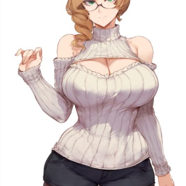 rwby, glynda goodwitch, csr fan 621, bare shoulders, cleavage, glasses, large breasts, leaning forward, looking at viewer, ribbed sweater, shorts, sweater, voluptuous, voluptuous female, ai generated