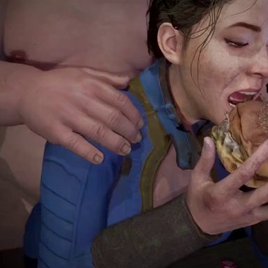 fallout, resident evil, resident evil 2, resident evil 2 remake, vault dweller, yellowbea, 1boy, 1girls, big breasts, burger, chubby, chubby male, doggy style, eating, eating during sex