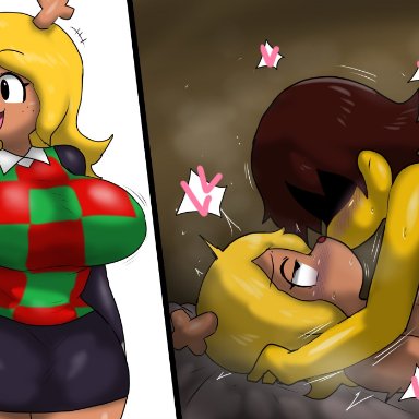 deltarune, undertale (series), kris (deltarune), noelle holiday, enigi09, ambiguous penetration, anthro, big breasts, biped, blonde hair, breast squish, breasts, brown body, clothed, clothing