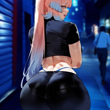 genshin impact, sangonomiya kokomi, miyuai, 1girls, alley, ass, ass cleavage, ass focus, back view, big ass, big butt, black jeans, black legwear, black topwear, bubble butt