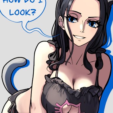 one piece, shounen jump, nico robin, redpostit, 1girls, bare arms, bare legs, bare shoulders, bare thighs, big breasts, black hair, blue eyes, cat ears, cat tail, clothed