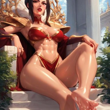 avatar legends, avatar the last airbender, azula, kuriva, abs, armor, breasts, clothed, clothed female, feet, fit female, long legs, looking at viewer, oiled, oiled skin