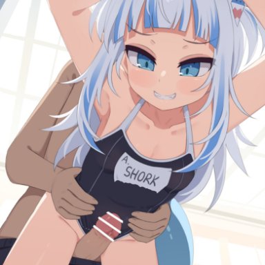 hololive, hololive english, gawr gura, tenroy, 1boy, armpits, arms up, blue eyes, blue hair, blunt bangs, breasts, collarbone, female, fins, fish tail