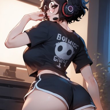 olie, thiccwithaq (ai style), xandr, 1girls, alley, ass, ass focus, back view, bedroom, big breasts, black hair, black t-shirt, breasts, brown eyes, choker