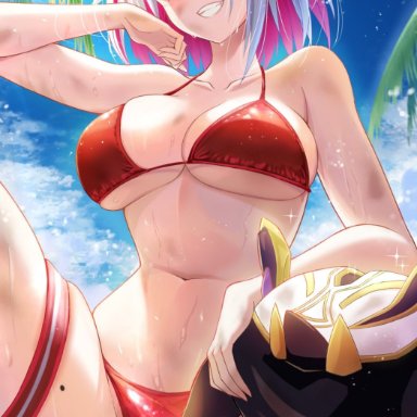 honkai (series), honkai: star rail, numby (honkai: star rail), topaz (honkai: star rail), penguintake, bikini, blue eyes, breasts, colored inner hair, confident, day, dirt, female, from below, grin