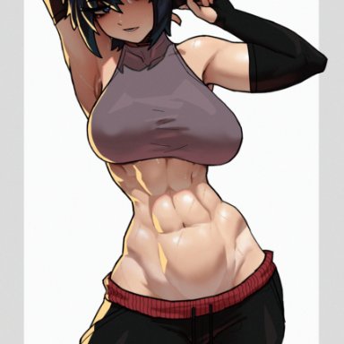 kill la kill, matoi ryuuko, stopu, abdomen, abs, alternate hairstyle, armpit, arms behind head, arms up, armwear, bare shoulders, belly, belly button, belly focus, black hair