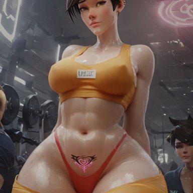 overwatch, overwatch 2, lena oxton, tracer, pornlandlord, ass, big ass, big breasts, big butt, gym, pussy, sweating, ai generated