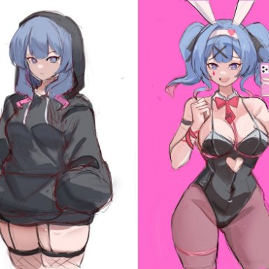 rabbit hole (vocaloid), vocaloid, hatsune miku, rakeemspoon, 2girls, bangs, bare shoulders, before and after, blue eyes, blue hair, bowtie, breasts, bunny ears, bunnysuit, cleavage