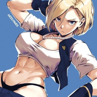 dragon ball, dragon ball z, android 18, missfaves, 1girls, abs, big breasts, blonde hair, blue eyes, bracelet, busty, cleavage, curvy, earrings, exposed midriff