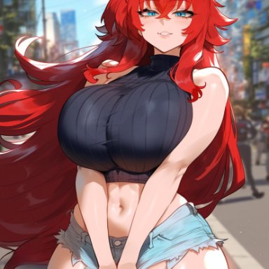 high school dxd, rias gremory, creamy ai, 1girls, bare arms, bare legs, bare shoulders, bare thighs, big breasts, blue eyes, blush, breasts bigger than head, clothed, clothing, female