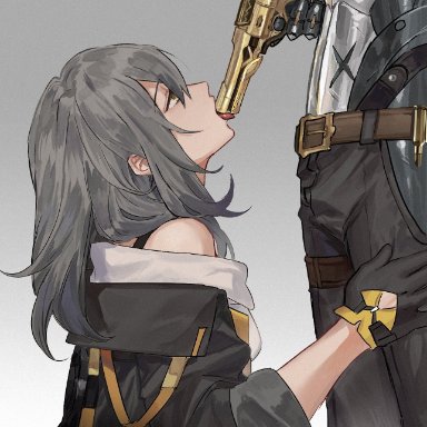 honkai: star rail, mihoyo, boothill (honkai: star rail), stelle (honkai: star rail), stars4993, blowjob gesture, cowboy, cyborg, fully clothed, fully clothed female, fully clothed male, gloves, gold (metal), golden gun, gray hair