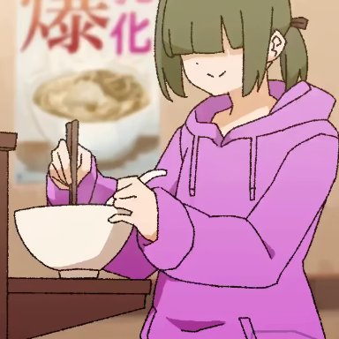 momo no suidou-sui, blunt bangs, breast expansion, breasts, chair, eating, hair intakes, hair over eyes, large breasts, ramen, restaurant, short ponytail, sitting, soup, 3rd party edit