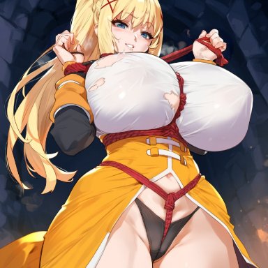 darkness (konosuba), lucyla, 1girls, blonde hair, blue eyes, bondage, breasts, female, hips, huge breasts, long hair, massive breasts, thick thighs, thighs, wide hips