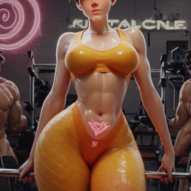 overwatch, overwatch 2, lena oxton, tracer, pornlandlord, ass, big ass, big breasts, big butt, gym, pussy, sweating, ai generated