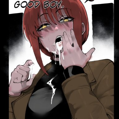 chainsaw man, makima (chainsaw man), masoq095, colored inner hair, colored skin, cum, cum in mouth, cum on tongue, dominant female, femdom, licking cum, tongue out, color, color edit, colored