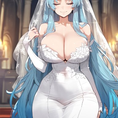 lobotomy corporation, angela (lobotomy corporation), floox, 1girls, blue hair, breasts, female, hips, huge breasts, long hair, naughty face, thick thighs, thighs, wedding dress, wide hips