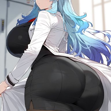 lobotomy corporation, angela (lobotomy corporation), floox, 1girls, ass, blue hair, breasts, dat ass, female, hips, huge ass, huge breasts, long hair, naughty face, thick thighs