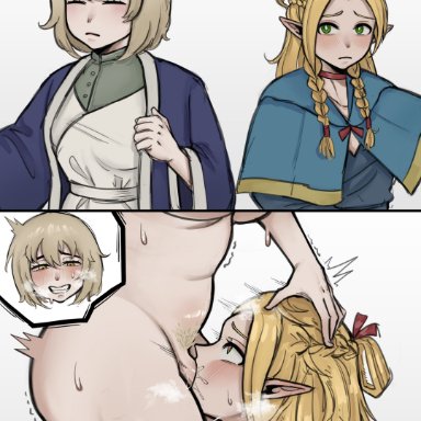 dungeon meshi, falin touden, marcille donato, suthep, 1futa, 1girls, big ass, big breasts, blonde hair, breasts, clenched teeth, clothed, clothing, duo, elf