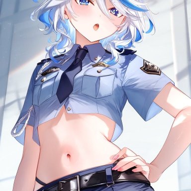 genshin impact, furina (genshin impact), 1girls, belly button, blue eyes, blue hair, breasts, female, female only, genital fluids, hand on hip, looking at viewer, midriff, necktie, panties